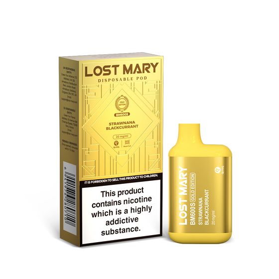 authentic [NEW] LOST MARY BM600S Gold Edition Disposable Pod Device Flavor: Strawnana Blackcurrant | Strength: 2% Nic ENG