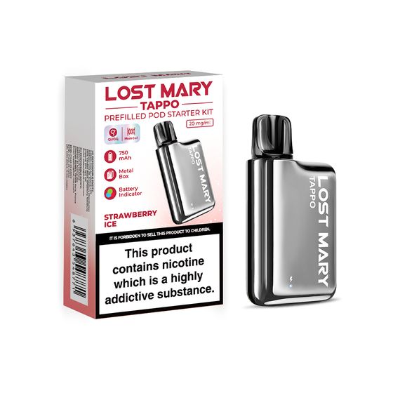 [New] LOST MARY TAPPO Prefilled Pod Starter Kit Flavor: SILVER STAINLESS STEEL + STRAWBERRY ICE | Strength: 2% Nic TPD ENG for wholesale
