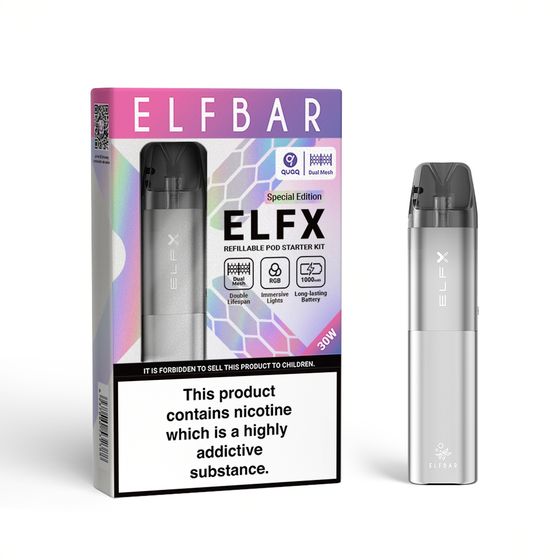wholesale price ELFBAR ELFX Refillable Dual Mesh Pod Starter Kit Special Edtion 1×2 (0.6Ω/ 0.8Ω) (UK) 1PC Color: Silver