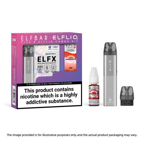 wholesale ELFBAR ELFX Refillable Pod Kit × ELFLIQ Nic Salts E-Liquids 10ML (UK) 1PC Flavor: Silver+Watermelon | Strength: 1% Nic ENG