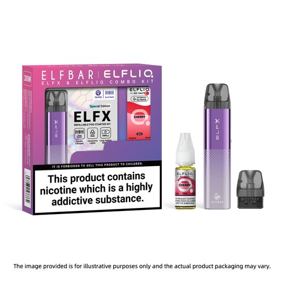 UK shop ELFBAR ELFX Refillable Pod Kit × ELFLIQ Nic Salts E-Liquids 10ML (UK) 1PC Flavor: Purple+Cherry | Strength: 1% Nic ENG