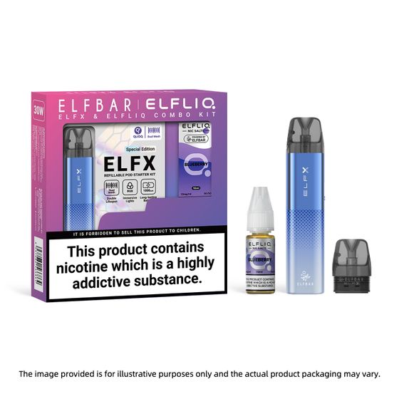 ELFBAR ELFX Refillable Pod Kit × ELFLIQ Nic Salts E-Liquids 10ML (UK) 1PC Flavor: Blue+Blueberry | Strength: 1% Nic ENG cheap