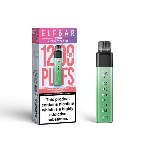 UK store ELFBAR 1200 PREFILLED POD KIT (UK) 1PC Strength: 2% Nic ENG | Flavor: Kiwi Passion Fruit Guava+Strawberry Kiwi