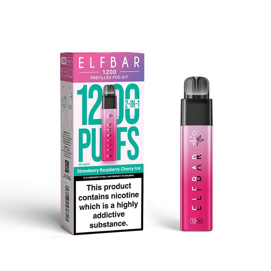 UK store ELFBAR 1200 PREFILLED POD KIT (UK) 1PC Strength: 2% Nic ENG | Flavor: Strawberry Raspberry Cherry Ice