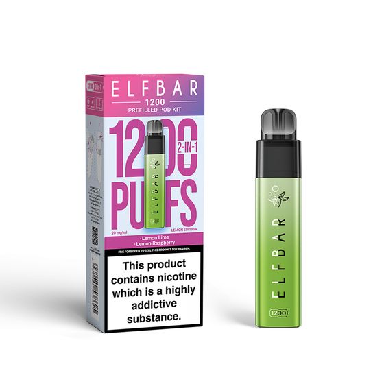 UK supplier ELFBAR 1200 PREFILLED POD KIT (UK) 1PC Strength: 2% Nic ENG | Flavor: Lemon Lime+Lemon Raspberry