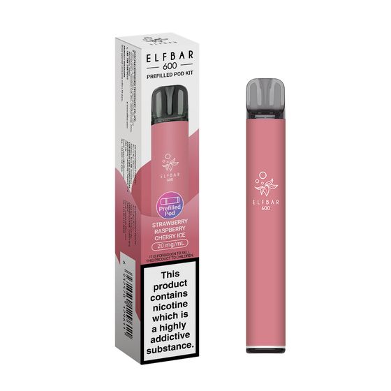 UK supplier ELFBAR 600 Prefilled Pod Kit Strength: 2% Nic ENG | Flavor: Strawberry Raspberry Cherry Ice