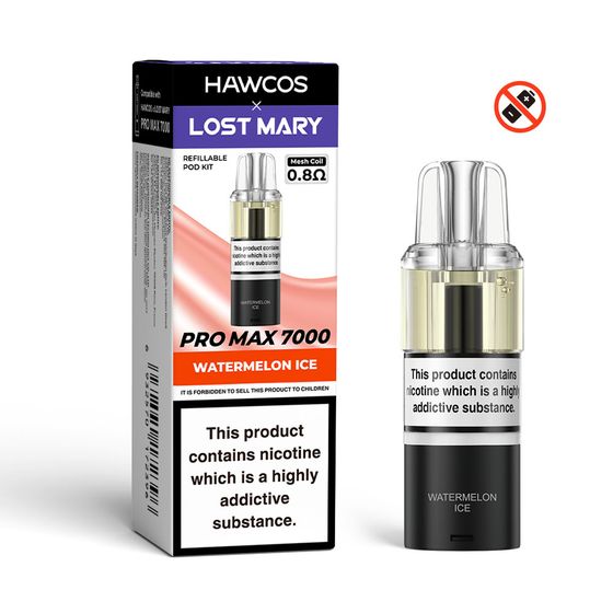 UK wholesale HAWCOS×LOST MARY PRO MAX 7000 Refillable Pod Strength: 2% Nic ENG | Flavor: Watermelon Ice