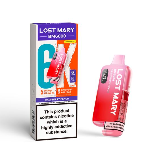 for wholesale [NEW] LOST MARY BM6000 Refillable Pod Kit -F (UK) 1PC Strength: 2% Nic ENG | Flavor: Raspberry Peach