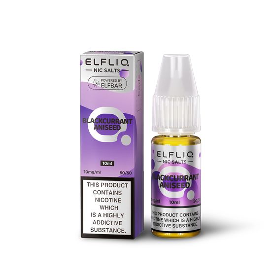 UK supplier ELFLIQ Nic Salts E-Liquids 10ml Flavor: Blackcurrant Aniseed | Strength: 1% Nic TPD ENG