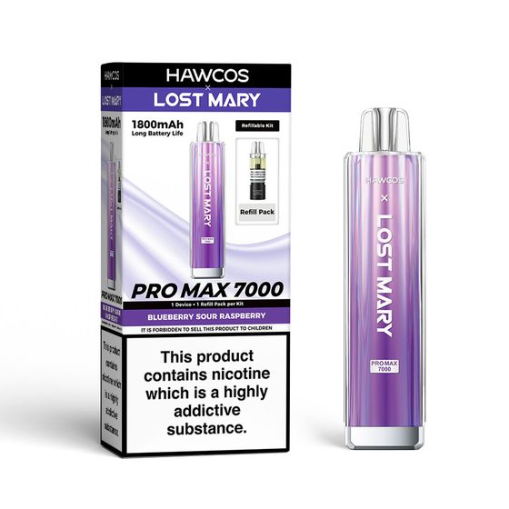 authentic [NEW] HAWCOS×LOST MARY PRO MAX 7000 Refillable Kit-F Strength: 2% Nic ENG | Flavor: Blueberry Sour Raspberry