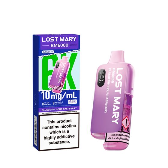 UK store LOST MARY BM6000 Refillable Pod Kit-1 % & 0% Nic Flavor: Blueberry Sour Raspberry | Strength: 10mg/ml