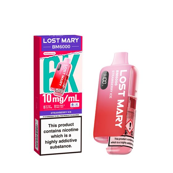 UK supplier LOST MARY BM6000 Refillable Pod Kit-1% & 0% Nic Flavor: Strawberry Ice | Strength: 1%